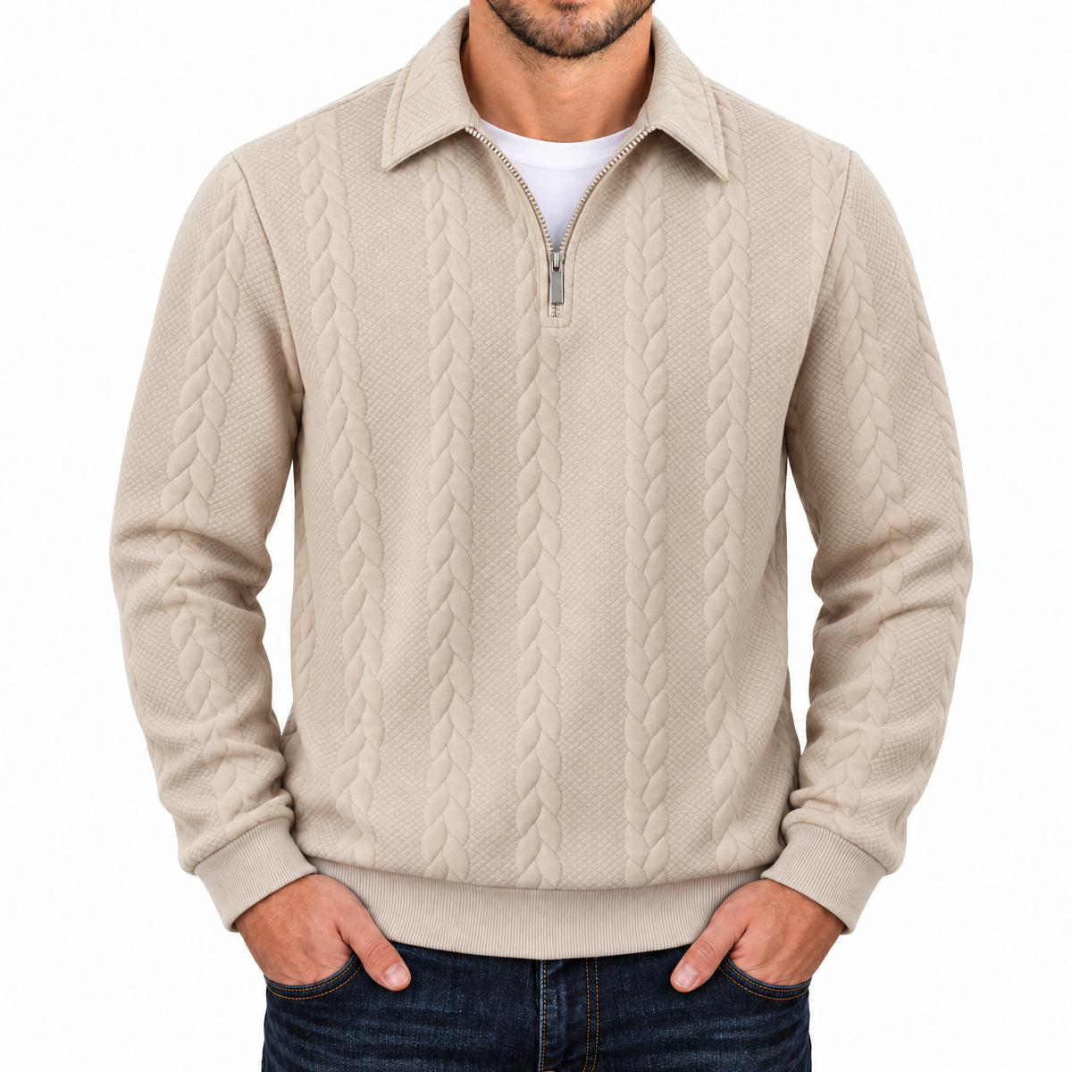 Bleamme Collared Cable Quarter Zip in Beige