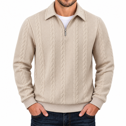 Bleamme Collared Cable Quarter Zip in Beige