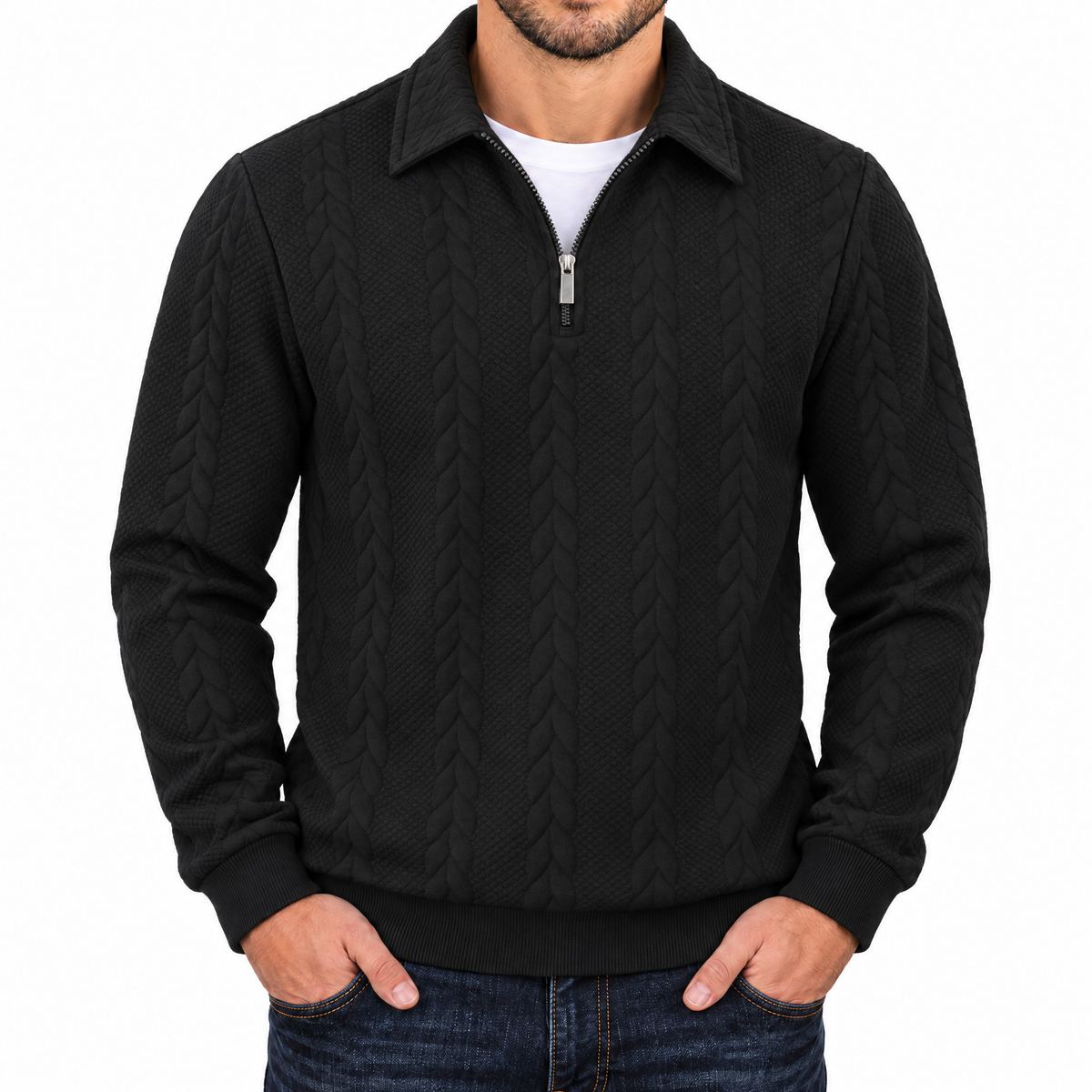 Bleamme Collared Cable Quarter Zip in Black