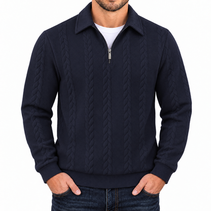 Bleamme Collared Cable Quarter Zip in Dark Blue