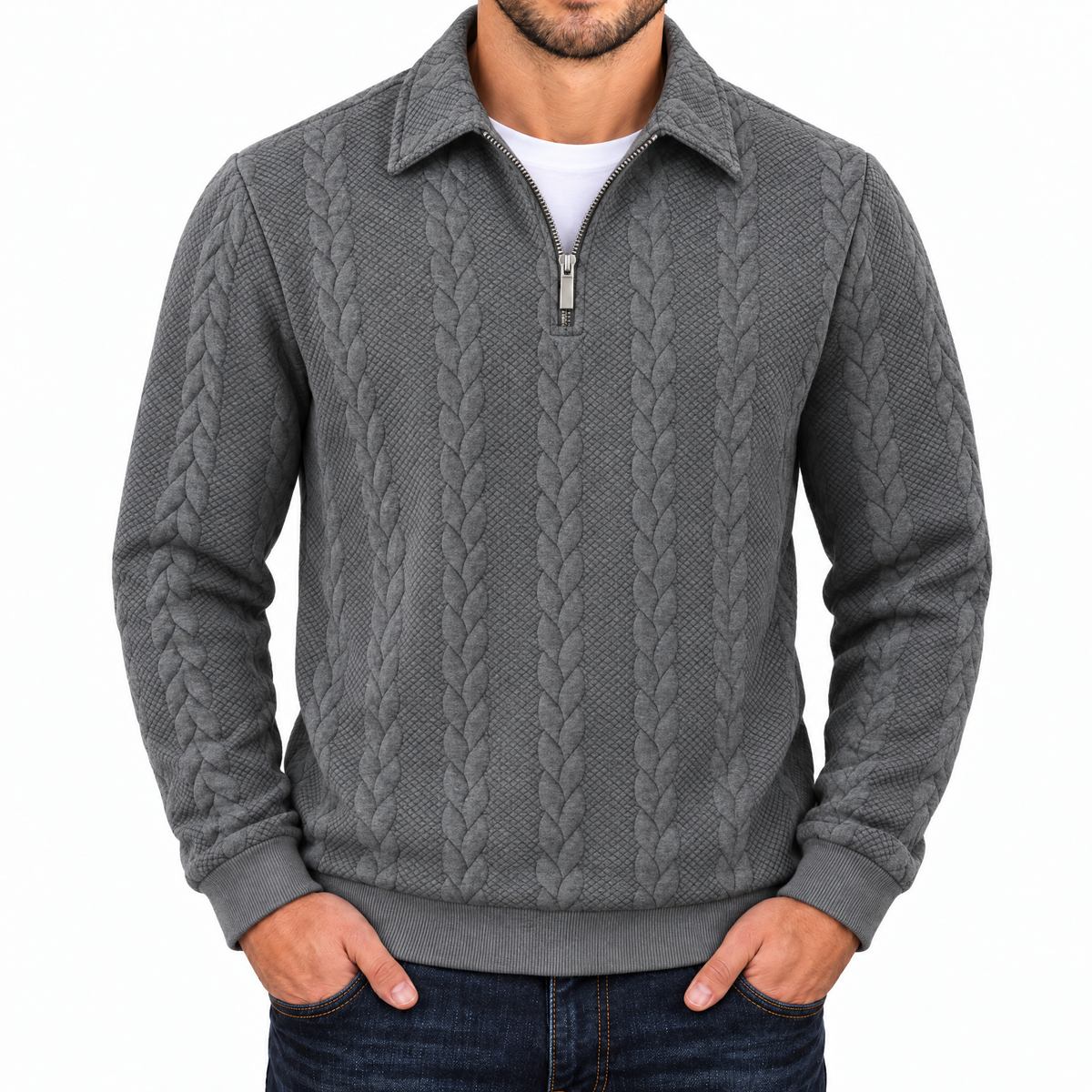 Bleamme Collared Cable Quarter Zip in Dark Gray