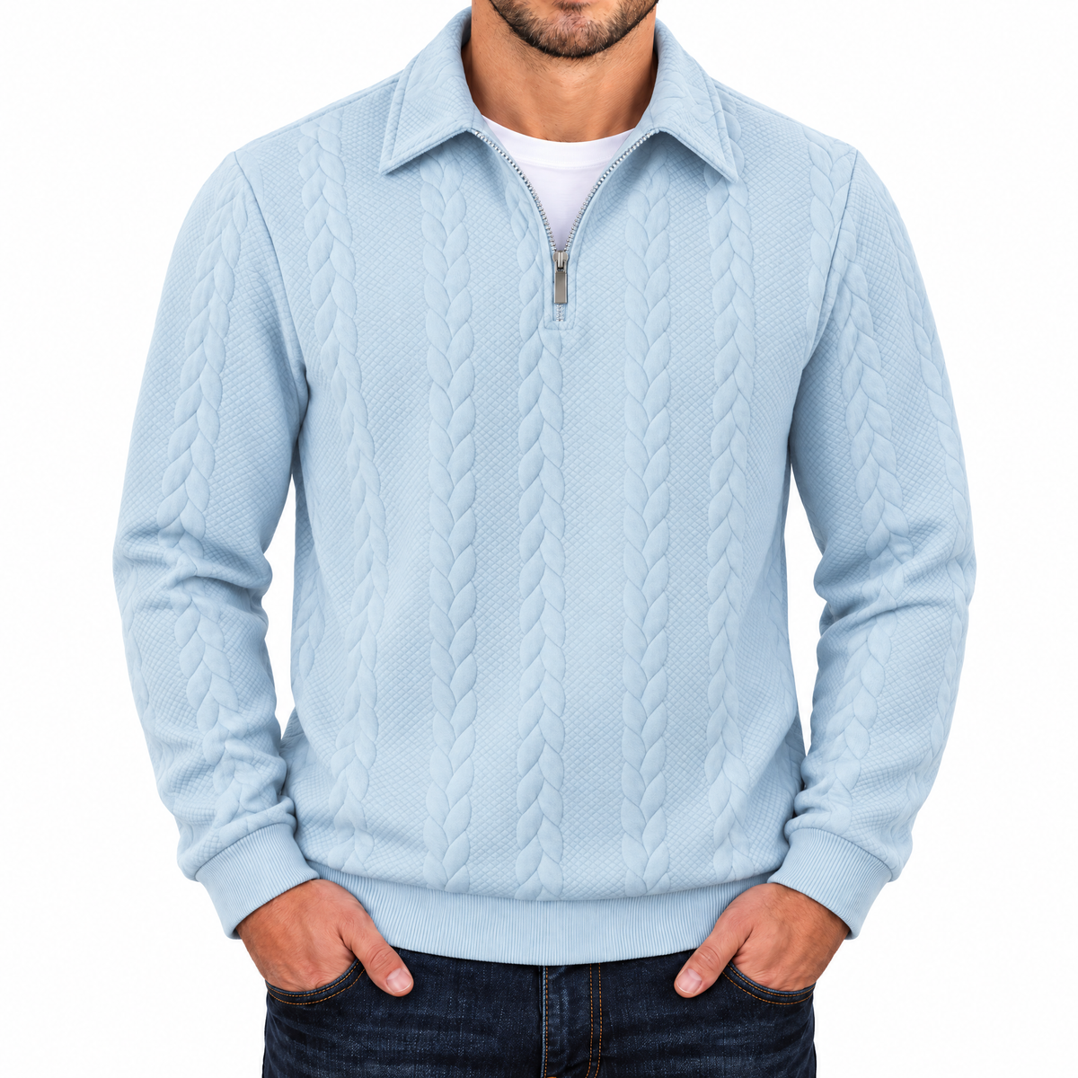 Bleamme Collared Cable Quarter Zip in Light Blue