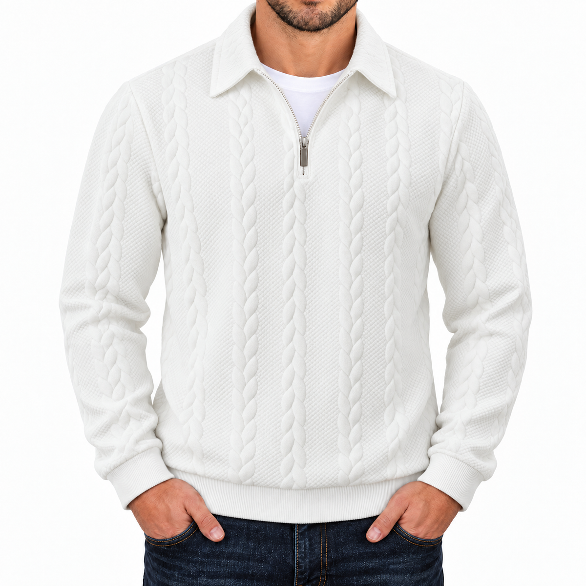 Bleamme Collared Cable Quarter Zip in White
