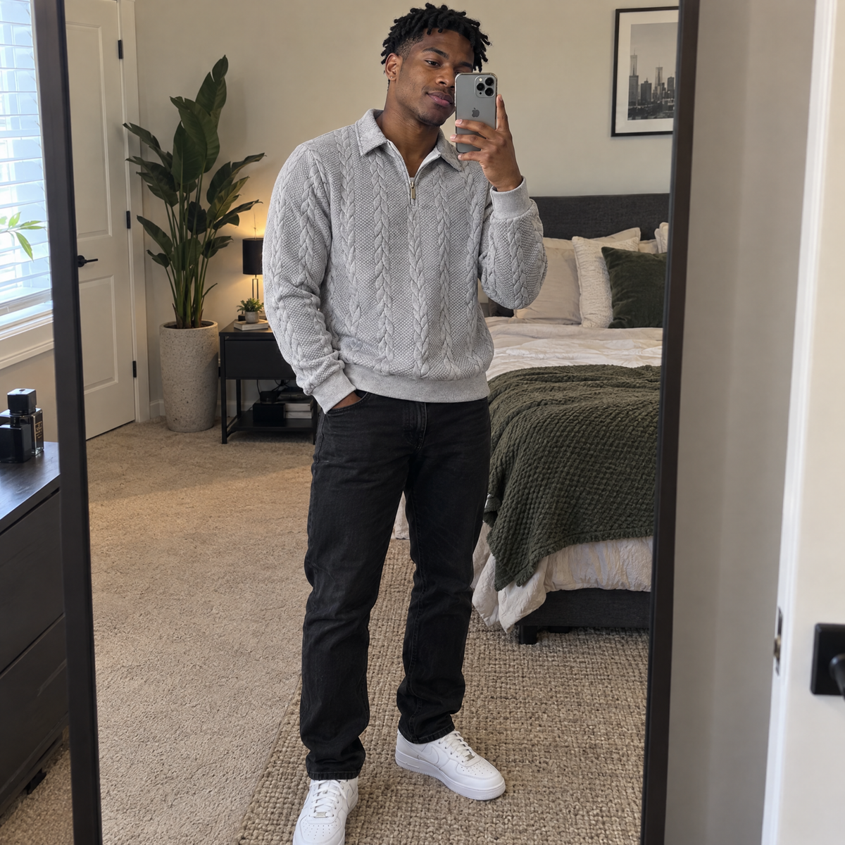 Mirror photo of the light gray Bleamme Collared Cable Quarter Zip with black jeans and white sneakers