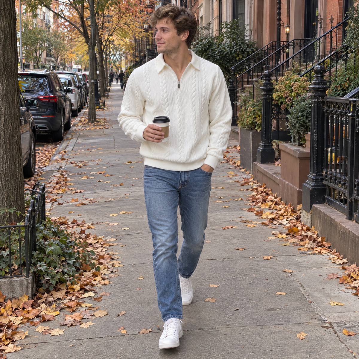 Man walking a city street with coffee in the white Bleamme Collared Cable Quarter Zip and jeans