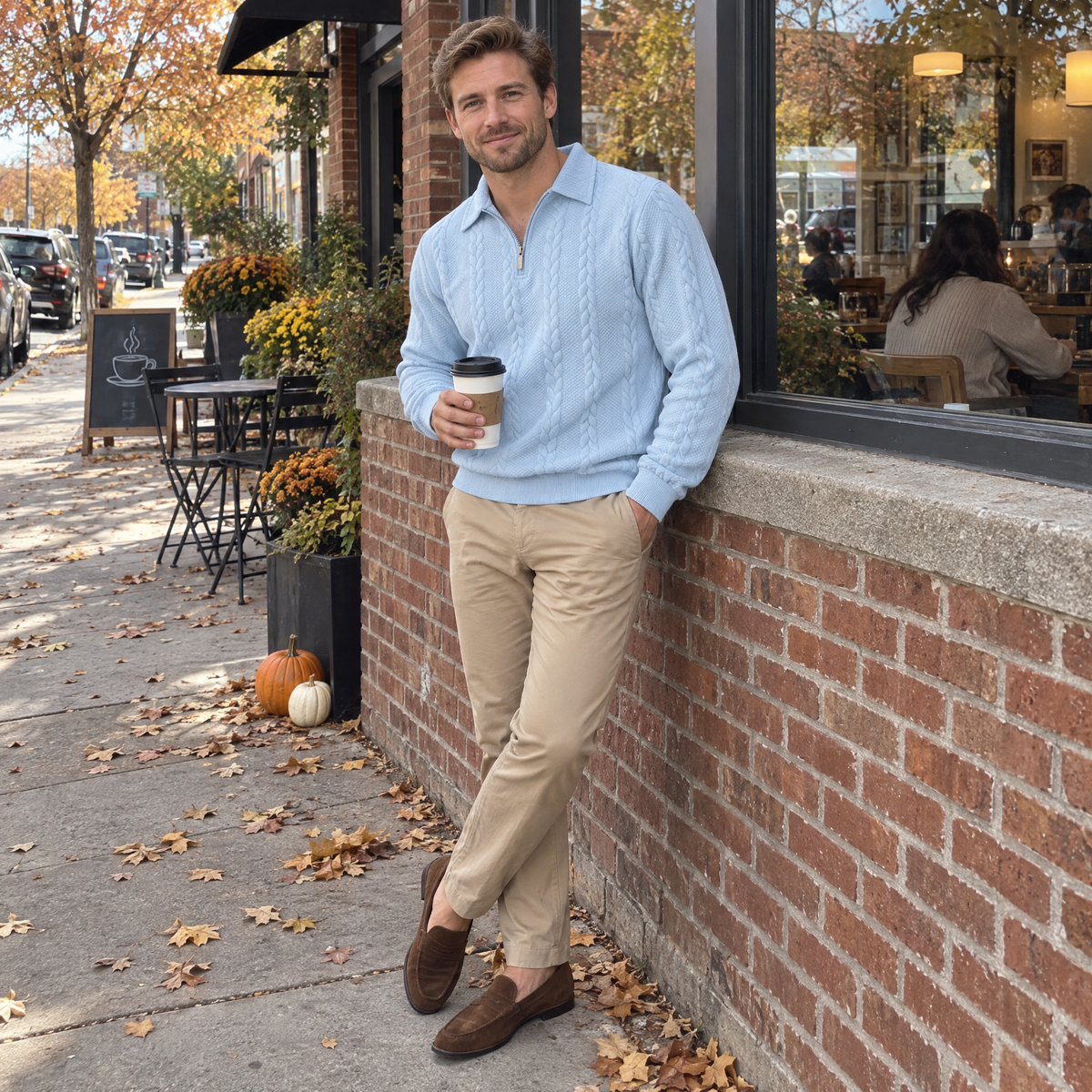 Man outside a café in the light blue Bleamme Collared Cable Quarter Zip with tan chinos and loafers