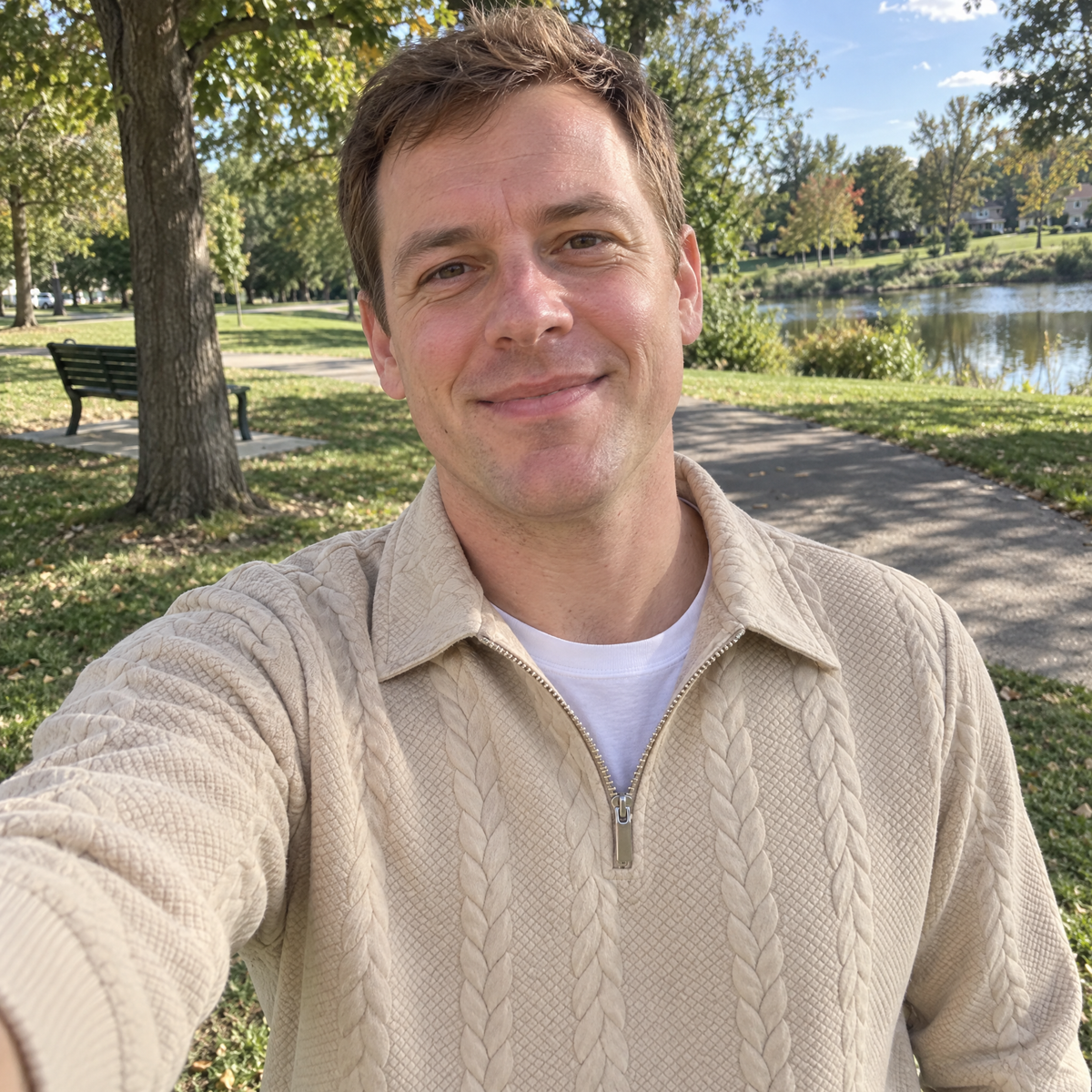 Park selfie in the beige Bleamme Collared Cable Quarter Zip open over a white tee