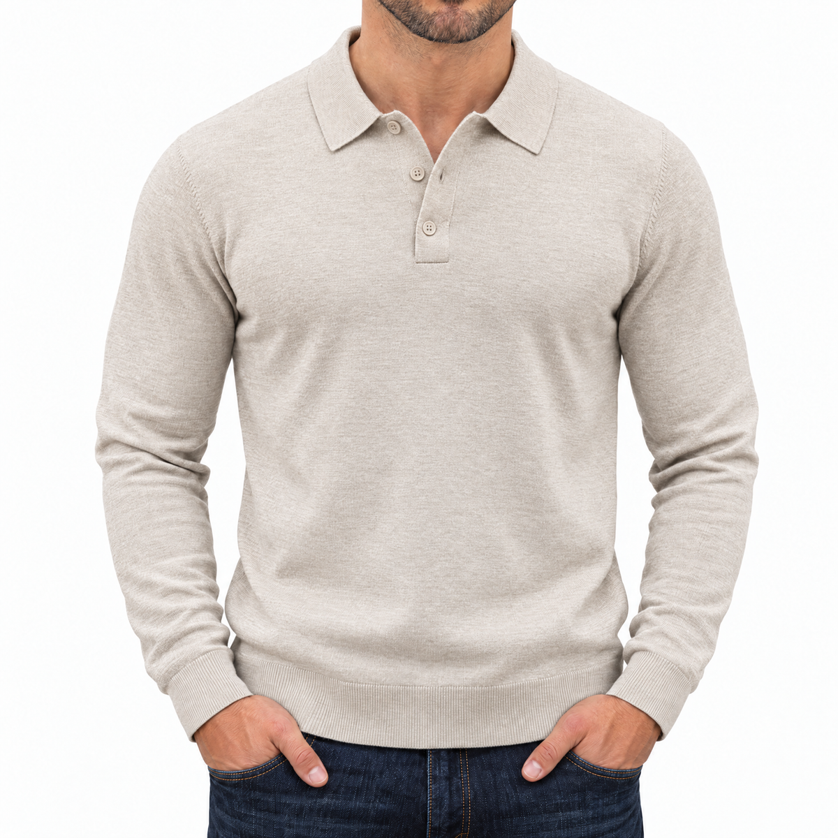 Bleamme Long Sleeve Knit Polo in Beige