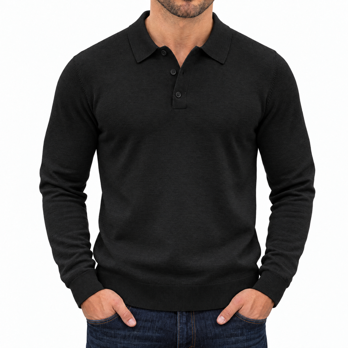 Bleamme Long Sleeve Knit Polo in Black