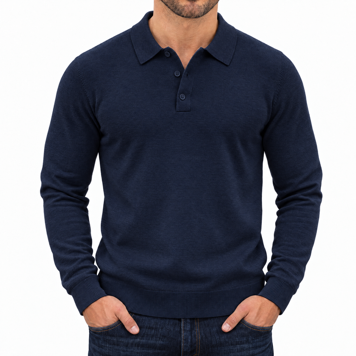 Bleamme Long Sleeve Knit Polo in Dark Blue