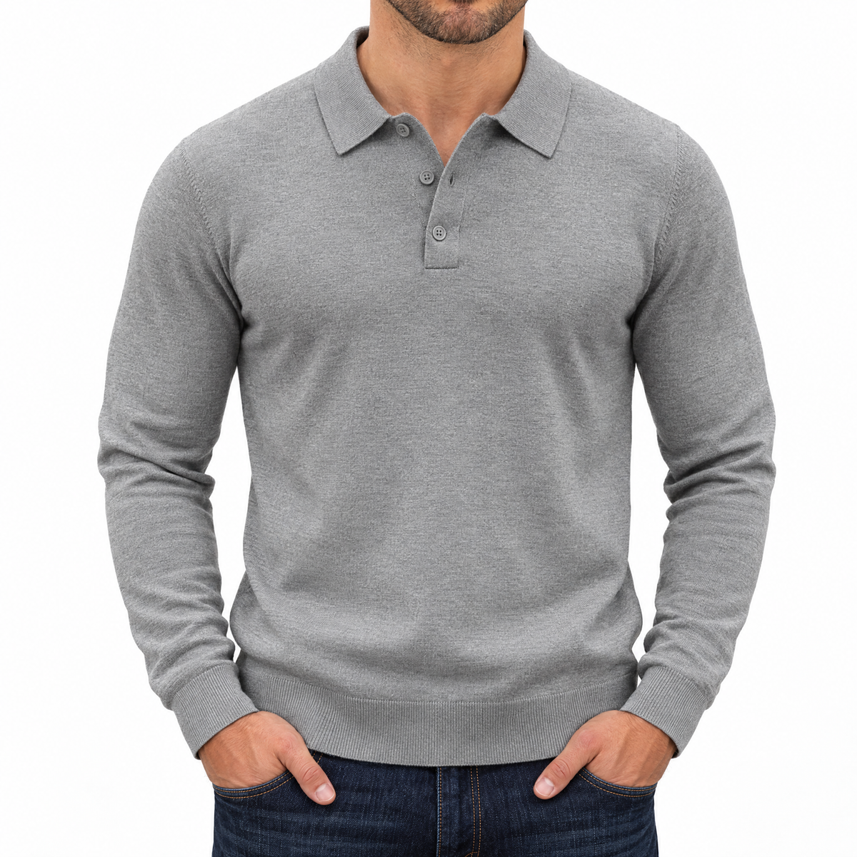 Bleamme Long Sleeve Knit Polo in Gray