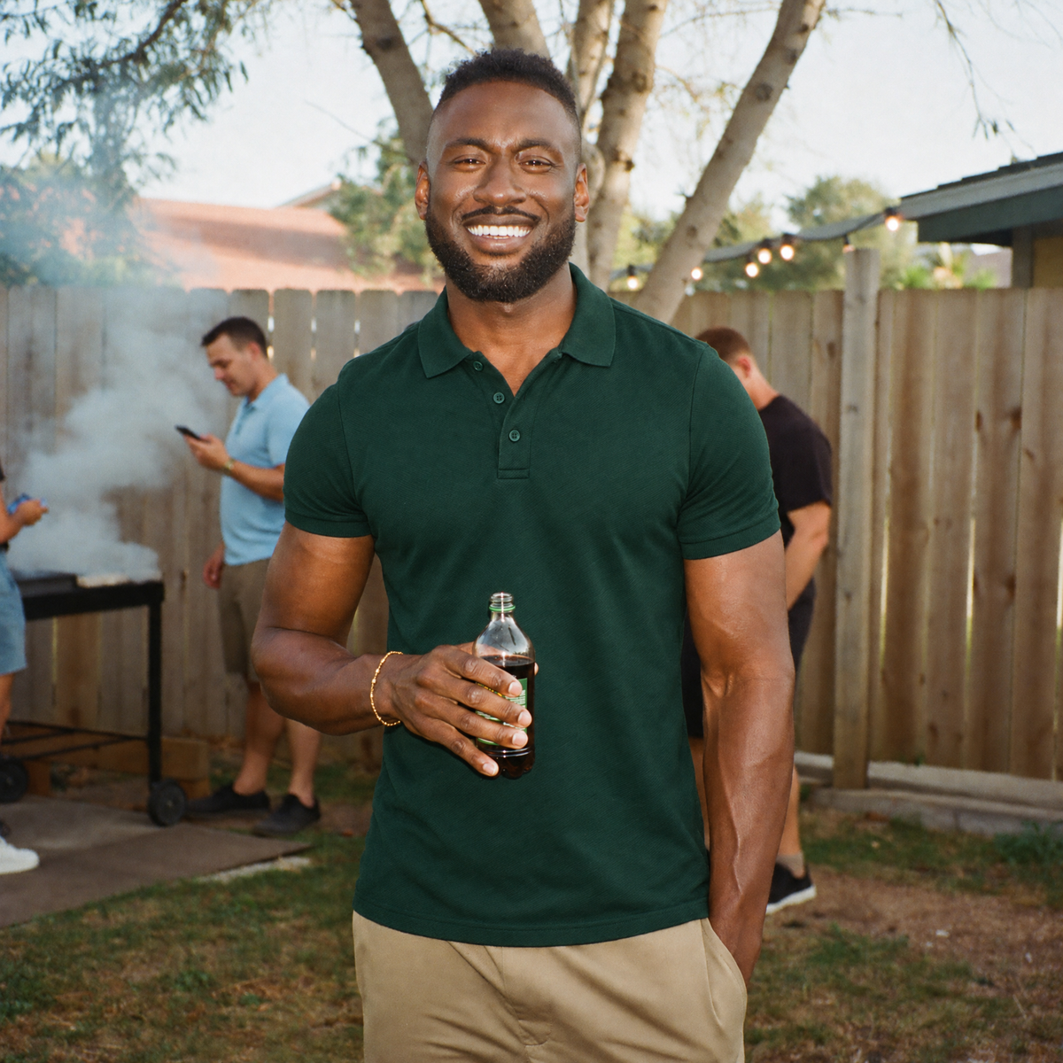 Man laughing at a backyard BBQ in the dark green Bleamme Short Sleeve Polo with khaki shorts